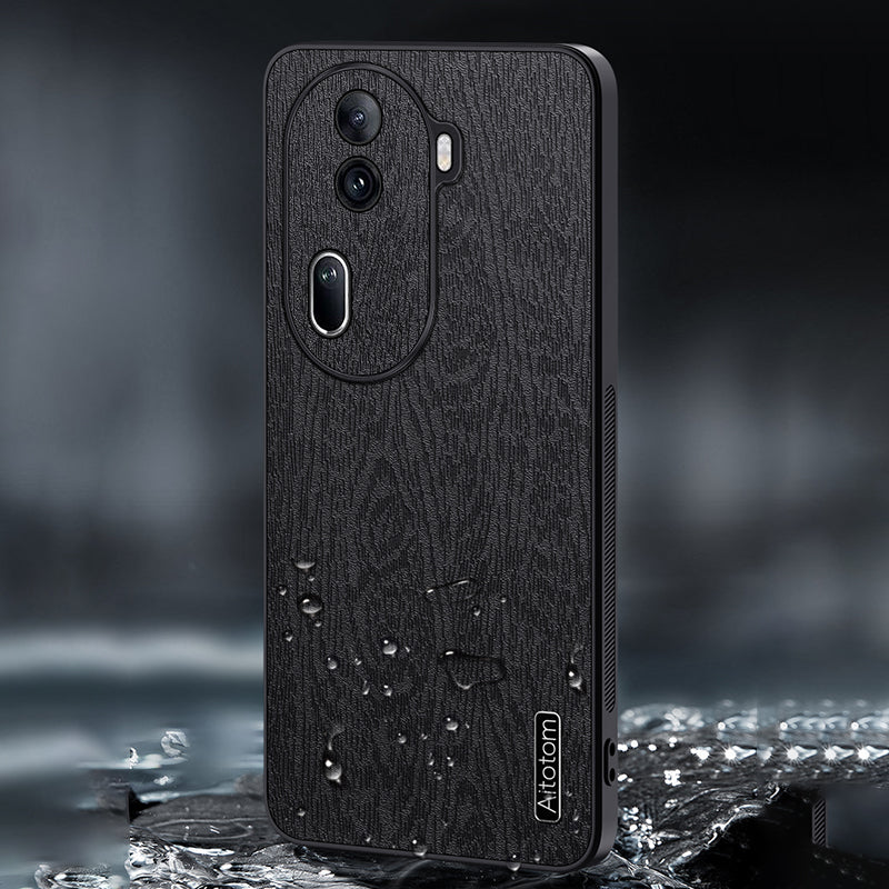 For Oppo Reno11 (China) 5G / Reno11 Pro 5G (Global) Wood Grain Protective Shell PU+PC+TPU Cell Phone Case - Black