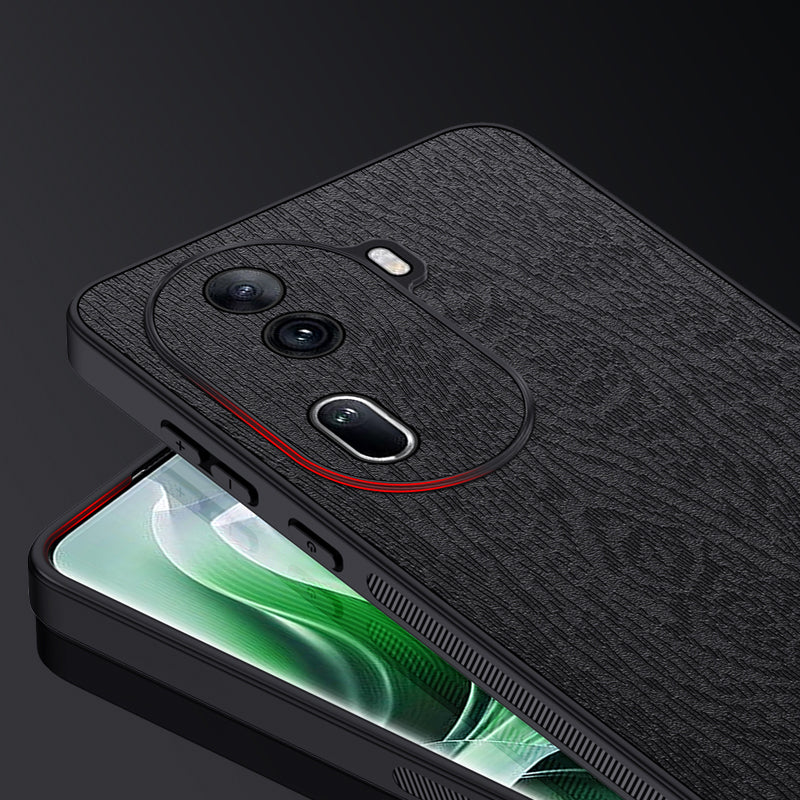 For Oppo Reno11 (China) 5G / Reno11 Pro 5G (Global) Wood Grain Protective Shell PU+PC+TPU Cell Phone Case - Black
