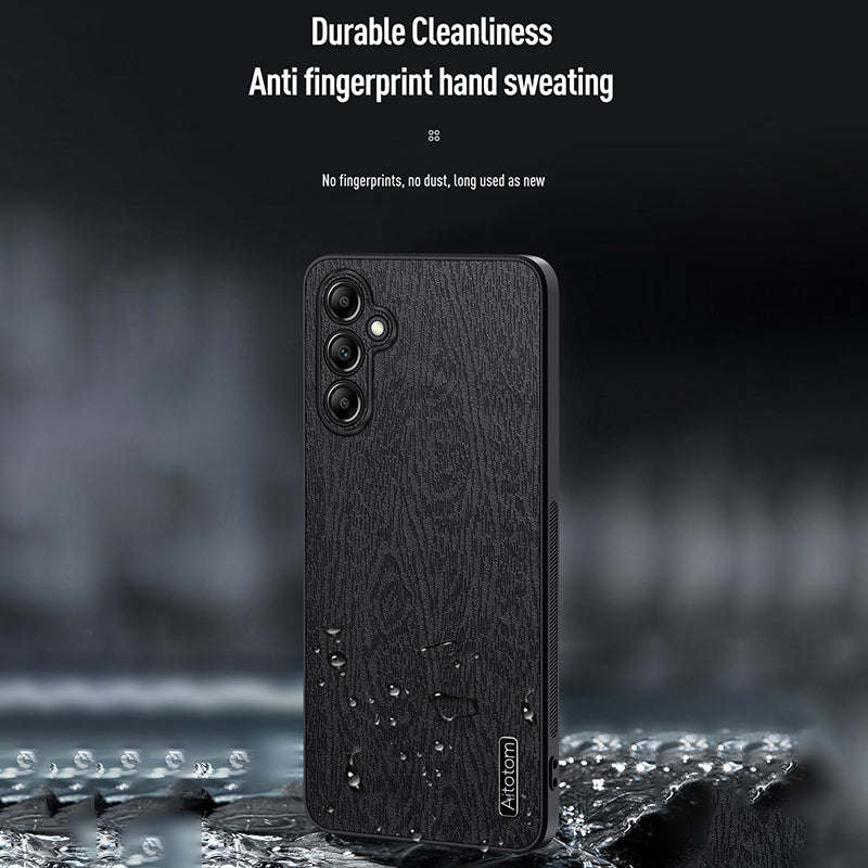 For Samsung Galaxy A15 5G Cellphone Case Wood Grain PC+TPU+PU Back Protector Cover - Black