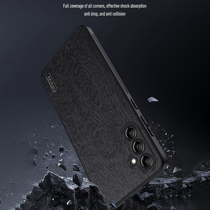 For Samsung Galaxy A15 5G Cellphone Case Wood Grain PC+TPU+PU Back Protector Cover - Black