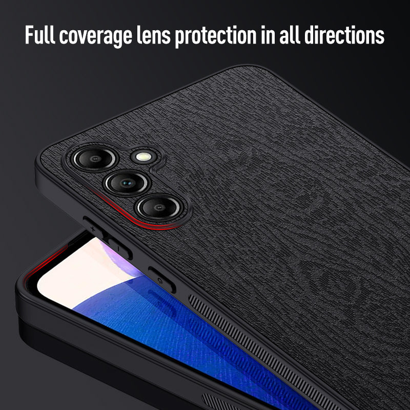 For Samsung Galaxy A15 5G Cellphone Case Wood Grain PC+TPU+PU Back Protector Cover - Black