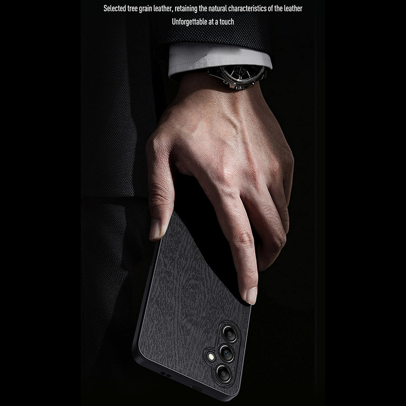 For Samsung Galaxy A15 5G Cellphone Case Wood Grain PC+TPU+PU Back Protector Cover - Black