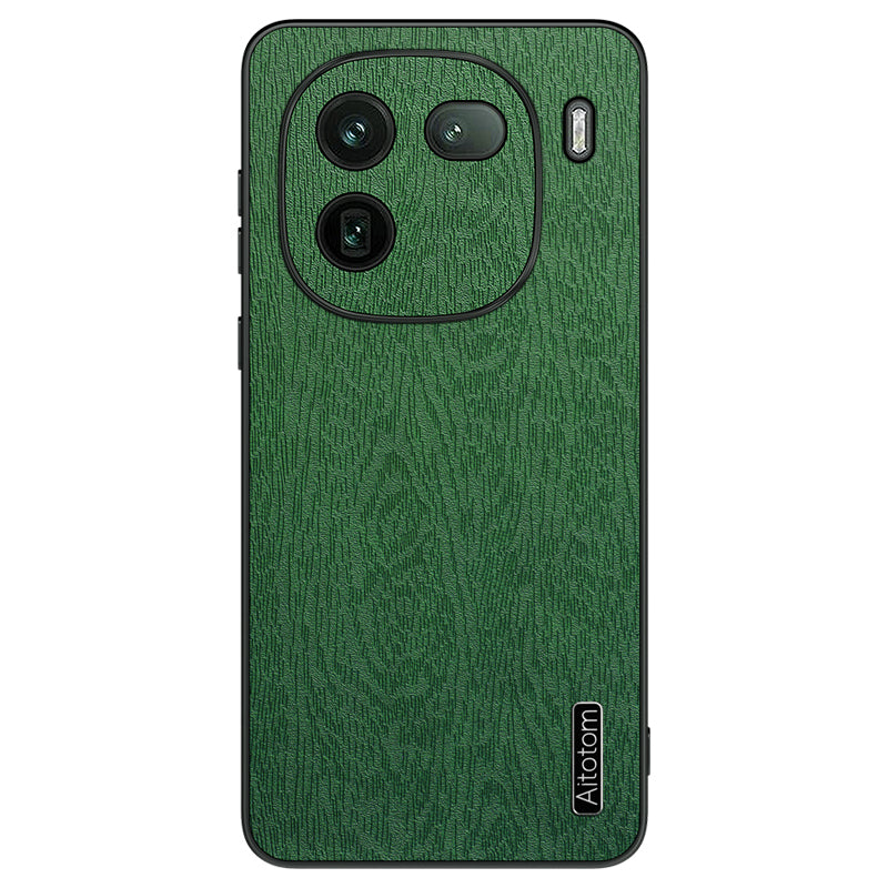 For vivo iQOO 12 5G Fingerprint Free Case Wood Grain PC+TPU+PU Cell Phone Cover - Black