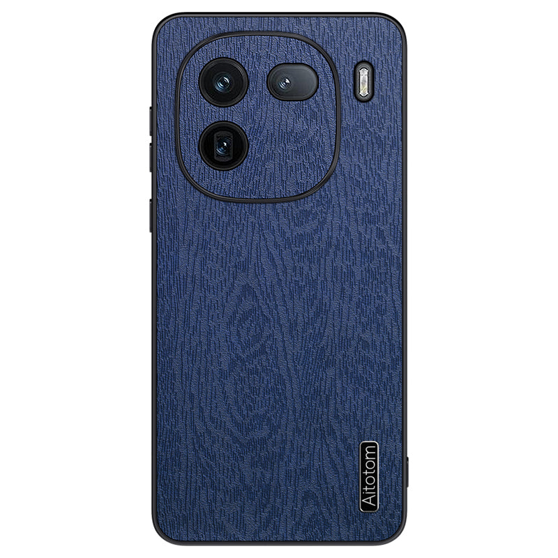 For vivo iQOO 12 5G Fingerprint Free Case Wood Grain PC+TPU+PU Cell Phone Cover - Black