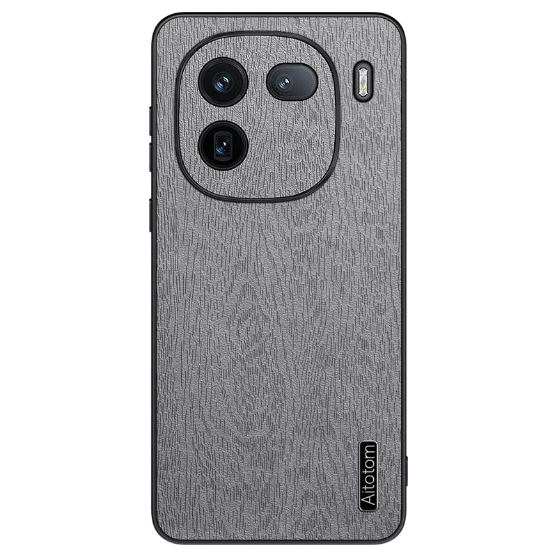 For vivo iQOO 12 5G Fingerprint Free Case Wood Grain PC+TPU+PU Cell Phone Cover - Black