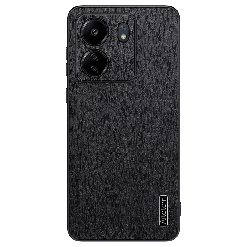For Xiaomi Redmi 13C 4G / Poco C65 4G Wood Texture PU Leather Coated PC+TPU Cell Phone Case - Black