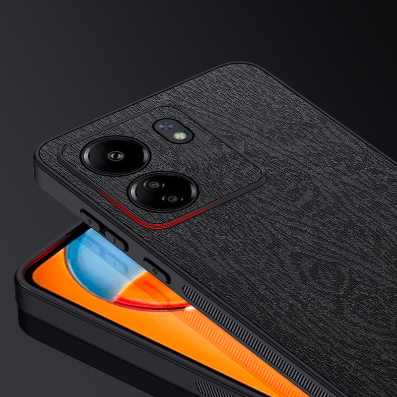 For Xiaomi Redmi 13C 4G / Poco C65 4G Wood Texture PU Leather Coated PC+TPU Cell Phone Case - Black
