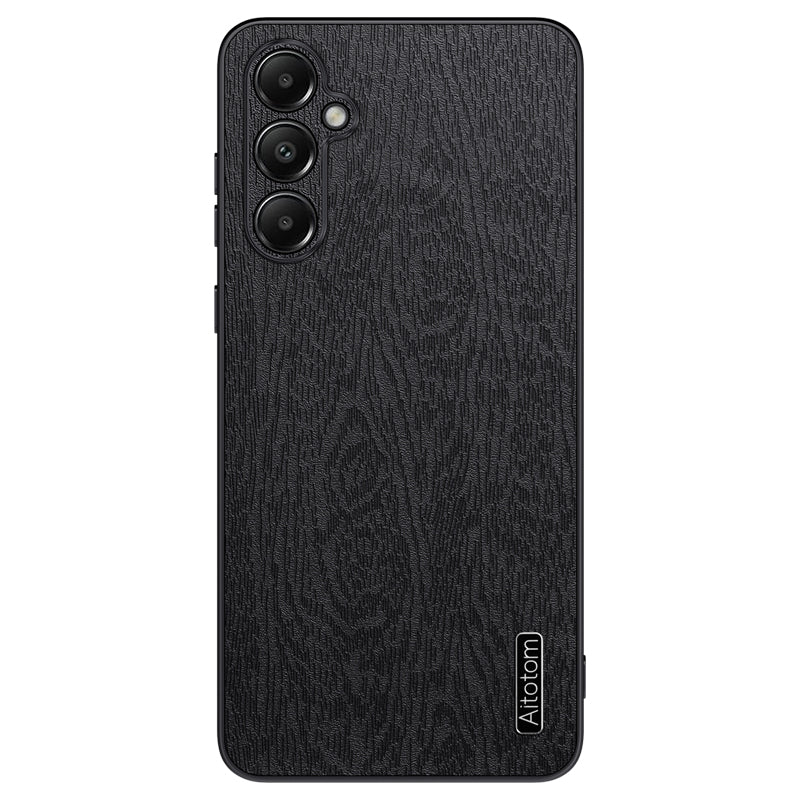 For Samsung Galaxy A05s 4G Cellphone Guard Case Wood Grain PC+TPU+PU Back Cover - Black