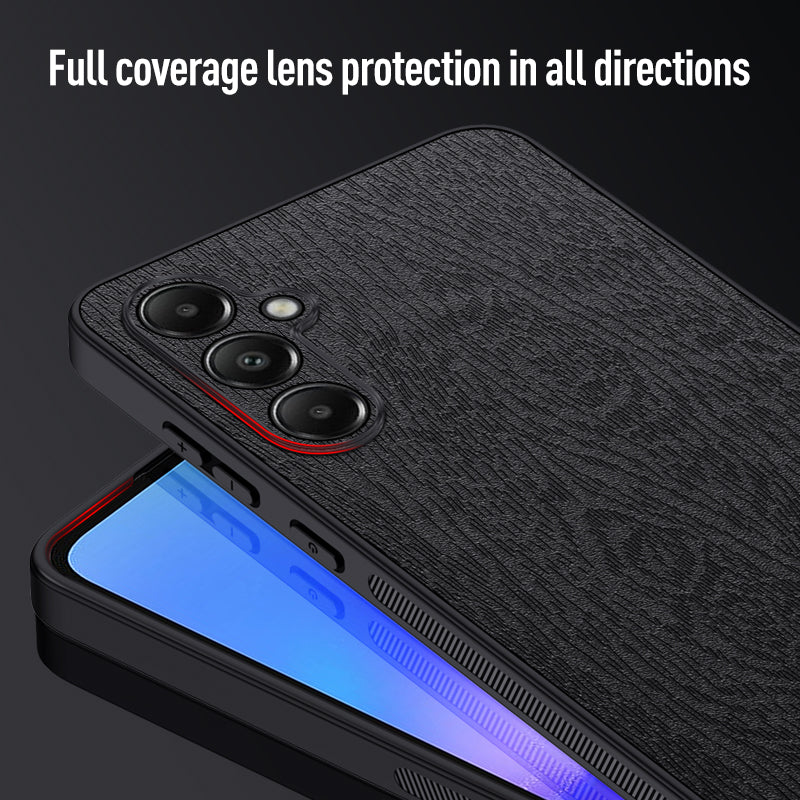 For Samsung Galaxy A05s 4G Cellphone Guard Case Wood Grain PC+TPU+PU Back Cover - Black