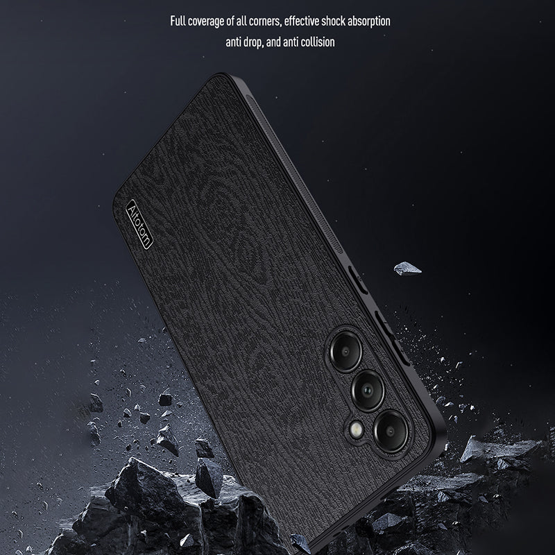 For Samsung Galaxy A05s 4G Cellphone Guard Case Wood Grain PC+TPU+PU Back Cover - Black