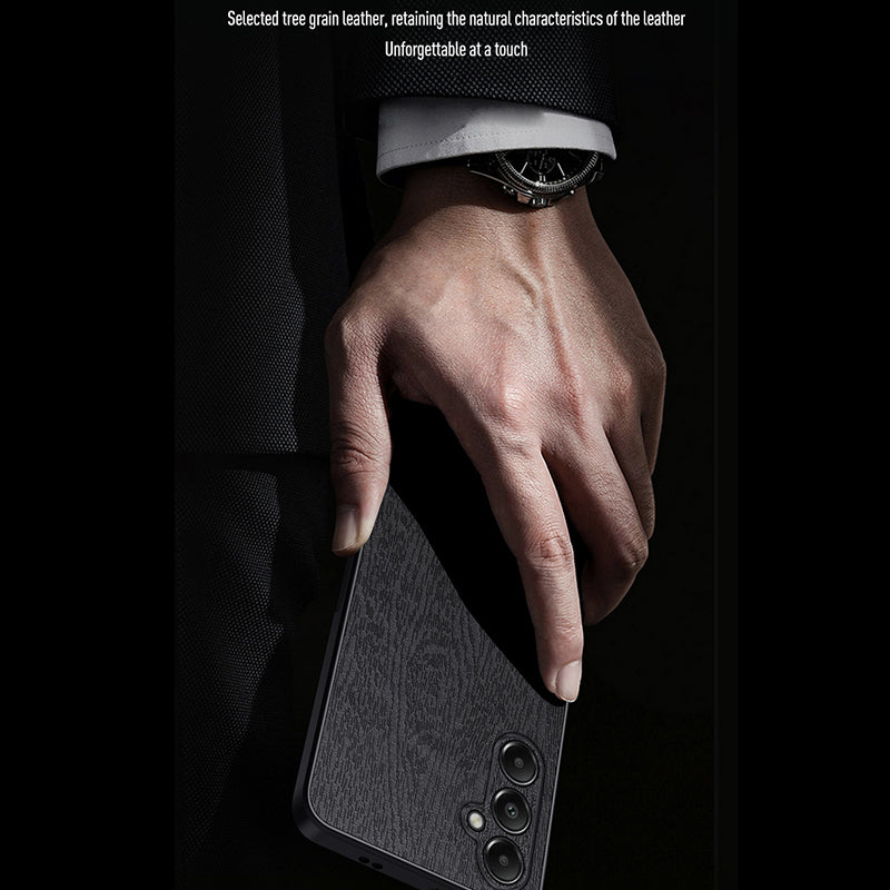 For Samsung Galaxy A05s 4G Cellphone Guard Case Wood Grain PC+TPU+PU Back Cover - Black