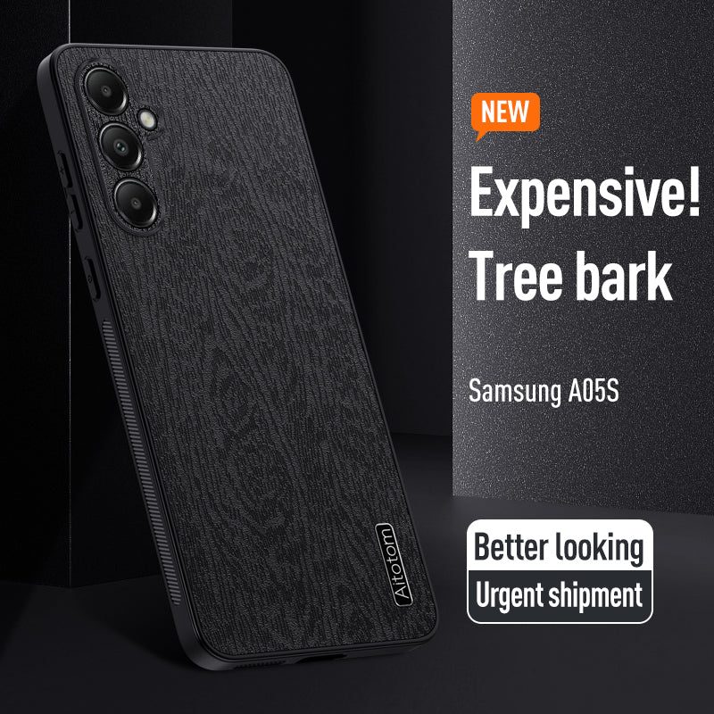 For Samsung Galaxy A05s 4G Cellphone Guard Case Wood Grain PC+TPU+PU Back Cover - Black