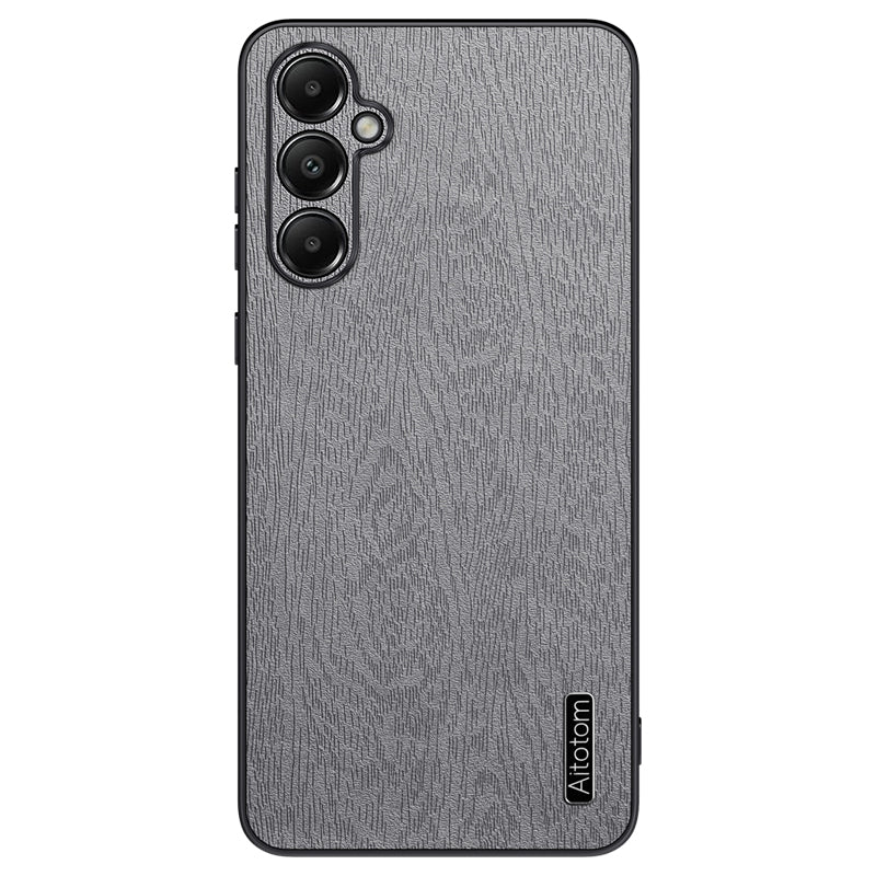 For Samsung Galaxy A05s 4G Cellphone Guard Case Wood Grain PC+TPU+PU Back Cover - Black