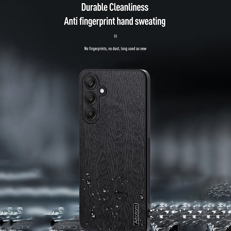 Back Shell for Samsung Galaxy A25 5G (Global) (161.0 x 76.5 x 8.3mm) Cover Wood Grain PU+PC+TPU Cell Phone Case - Black