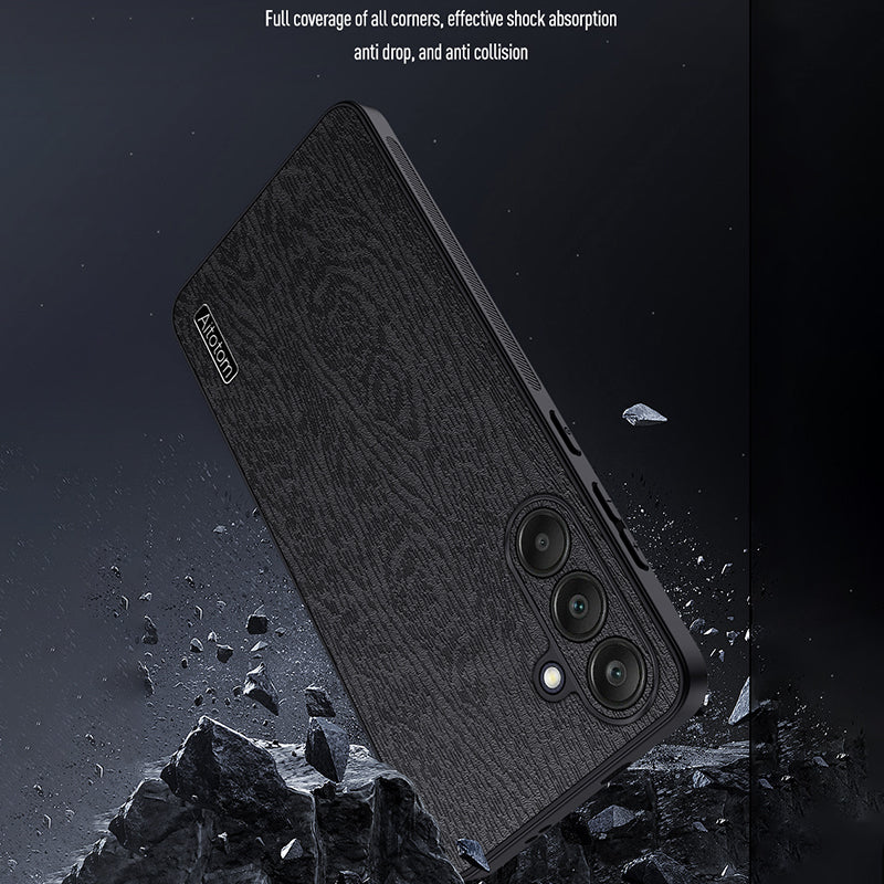 Back Shell for Samsung Galaxy A25 5G (Global) (161.0 x 76.5 x 8.3mm) Cover Wood Grain PU+PC+TPU Cell Phone Case - Black