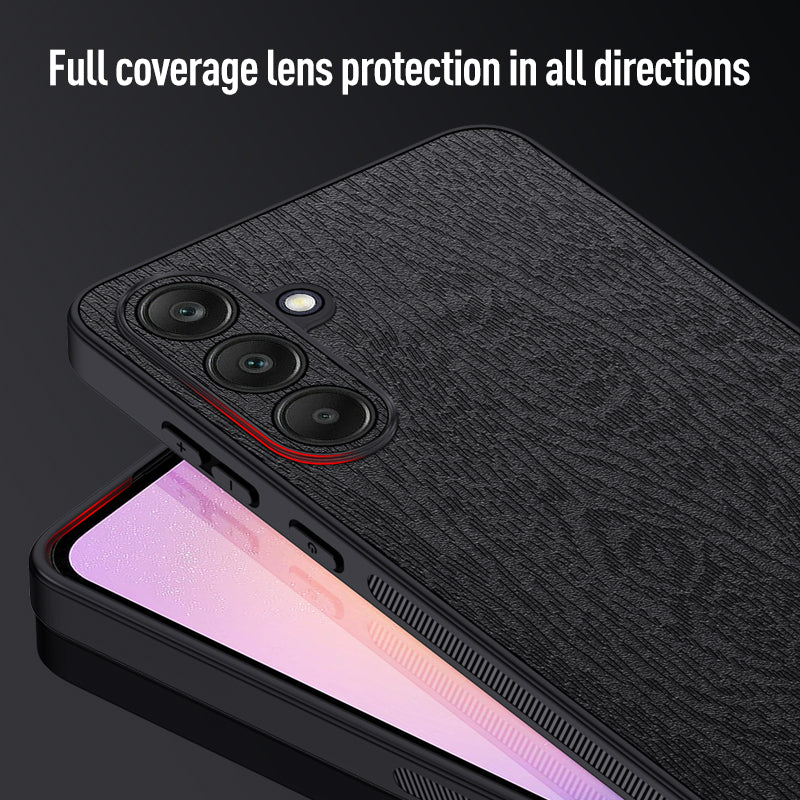 Back Shell for Samsung Galaxy A25 5G (Global) (161.0 x 76.5 x 8.3mm) Cover Wood Grain PU+PC+TPU Cell Phone Case - Black