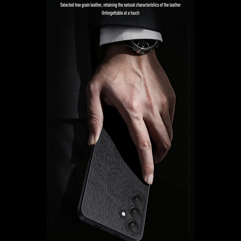 Back Shell for Samsung Galaxy A25 5G (Global) (161.0 x 76.5 x 8.3mm) Cover Wood Grain PU+PC+TPU Cell Phone Case - Black