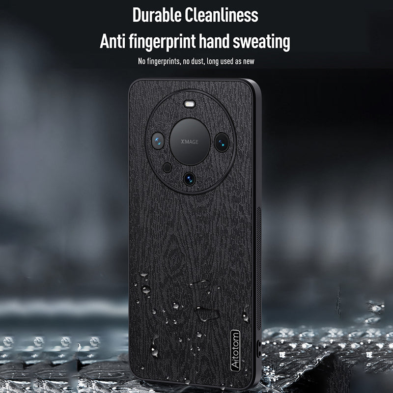 Back Cover for Huawei Mate 60 Pro , Wood Grain PU+PC+TPU Cell Phone Case - Black