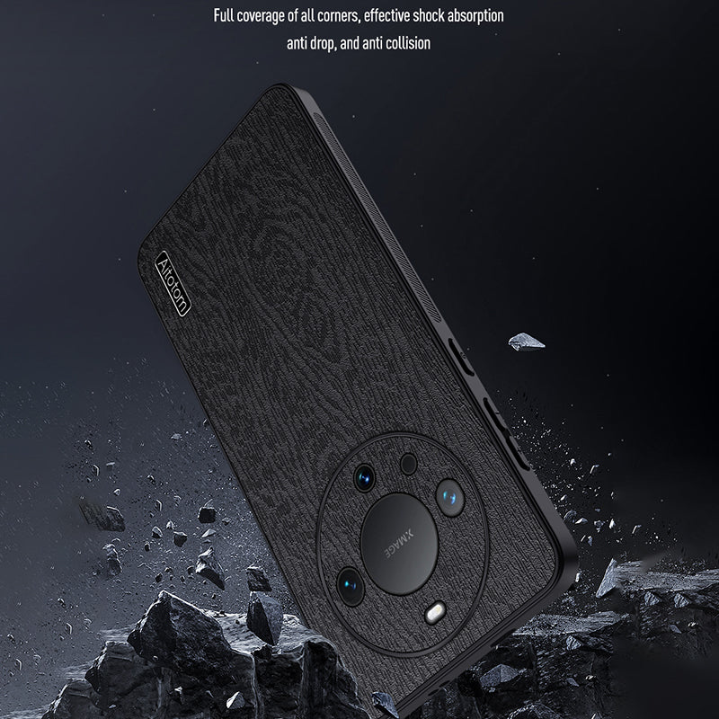 Back Cover for Huawei Mate 60 Pro , Wood Grain PU+PC+TPU Cell Phone Case - Black