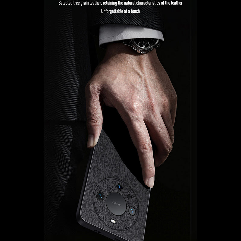 Back Cover for Huawei Mate 60 Pro , Wood Grain PU+PC+TPU Cell Phone Case - Black