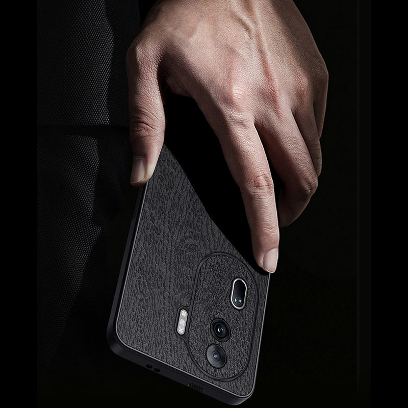 For Oppo Reno11 Pro 5G (Global) / Reno11 (China) 5G Protective Shell Wood Grain PU+PC+TPU Cell Phone Case - Black