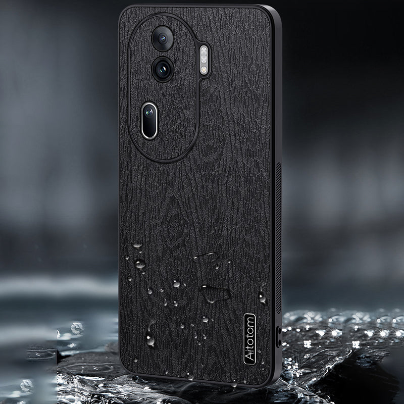 For Oppo Reno11 Pro 5G (Global) / Reno11 (China) 5G Protective Shell Wood Grain PU+PC+TPU Cell Phone Case - Black