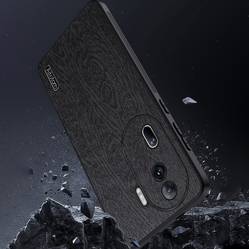 For Oppo Reno11 Pro 5G (Global) / Reno11 (China) 5G Protective Shell Wood Grain PU+PC+TPU Cell Phone Case - Black