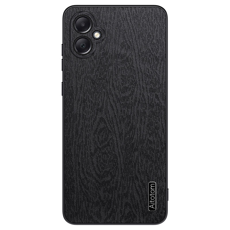 For Samsung Galaxy A05 4G Wood Texture PU Leather Coated PC+TPU Mobile Phone Back Case - Black