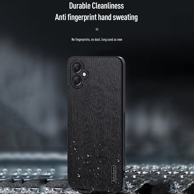 For Samsung Galaxy A05 4G Wood Texture PU Leather Coated PC+TPU Mobile Phone Back Case - Black