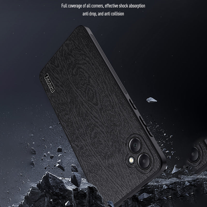 For Samsung Galaxy A05 4G Wood Texture PU Leather Coated PC+TPU Mobile Phone Back Case - Black