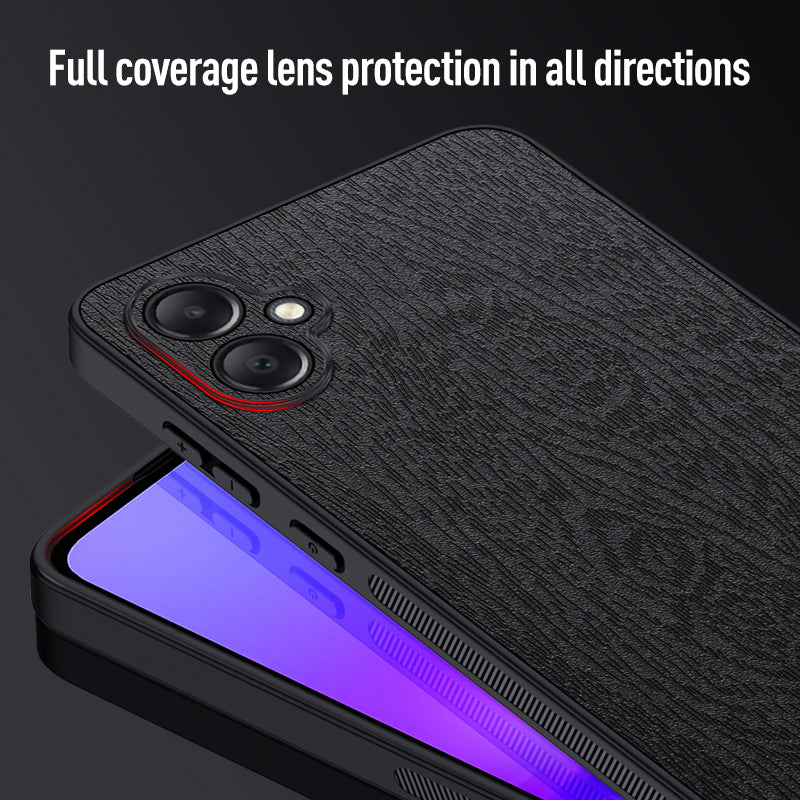 For Samsung Galaxy A05 4G Wood Texture PU Leather Coated PC+TPU Mobile Phone Back Case - Black