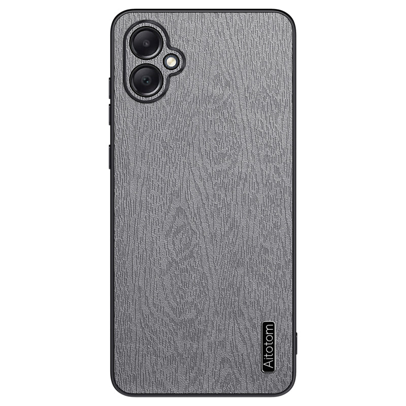 For Samsung Galaxy A05 4G Wood Texture PU Leather Coated PC+TPU Mobile Phone Back Case - Black