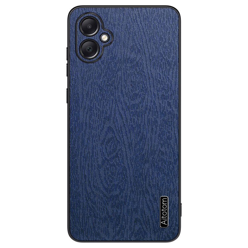 For Samsung Galaxy A05 4G Wood Texture PU Leather Coated PC+TPU Mobile Phone Back Case - Black