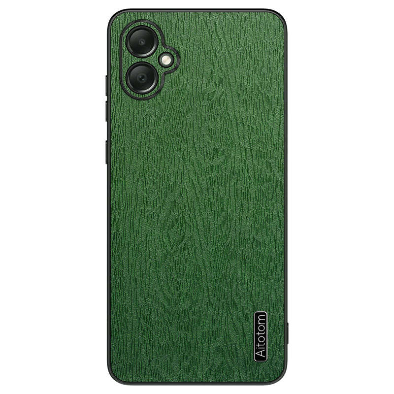 For Samsung Galaxy A05 4G Wood Texture PU Leather Coated PC+TPU Mobile Phone Back Case - Black