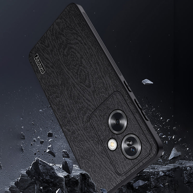 For Oppo A2 5G / A79 5G Case Wood Grain PU+PC+TPU Shock Absorbing Phone Cover - Black
