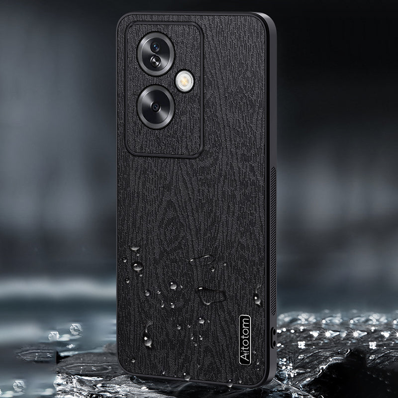 For Oppo A2 5G / A79 5G Case Wood Grain PU+PC+TPU Shock Absorbing Phone Cover - Black