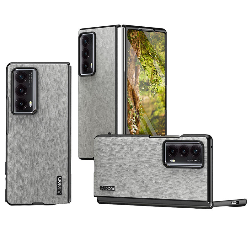 For Honor Magic Vs2 5G Phone Cover Wood Texture Design PU Leather Hybrid Case - Grey