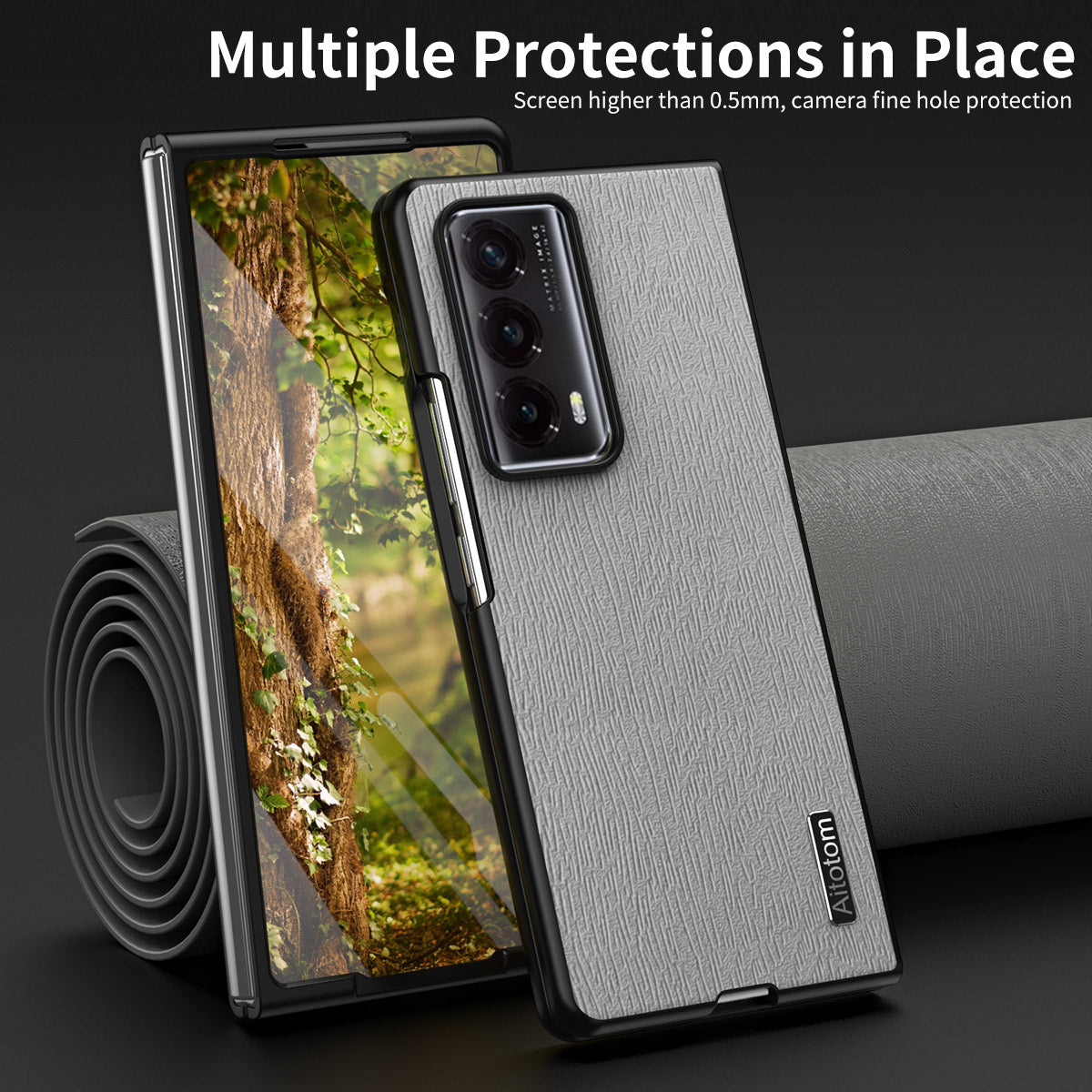 For Honor Magic Vs2 5G Phone Cover Wood Texture Design PU Leather Hybrid Case - Grey