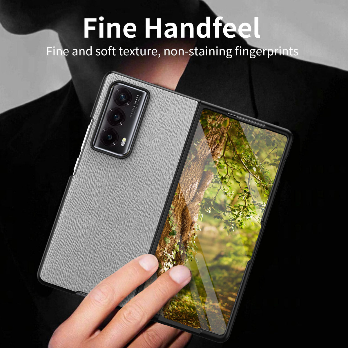 For Honor Magic Vs2 5G Phone Cover Wood Texture Design PU Leather Hybrid Case - Grey
