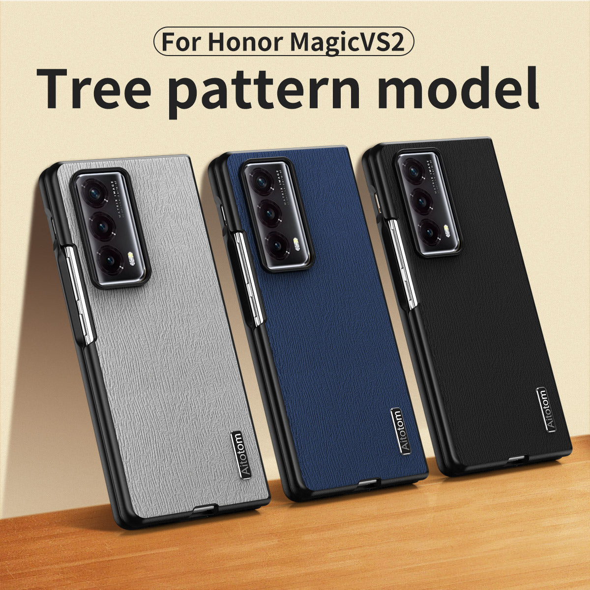 For Honor Magic Vs2 5G Phone Cover Wood Texture Design PU Leather Hybrid Case - Grey