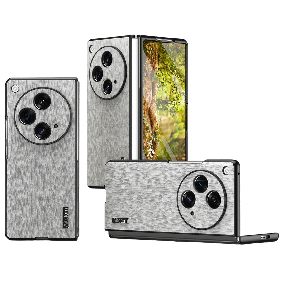 For Oppo Find N3 5G Case Wood Grain PU Leather+PC Folding Phone Cover - Grey