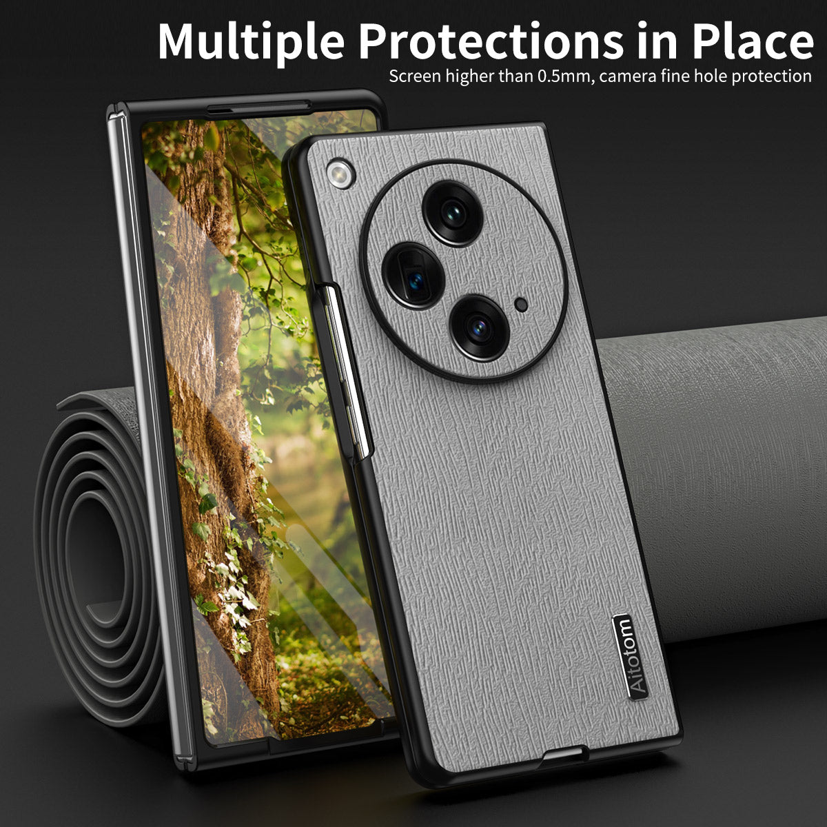 For Oppo Find N3 5G Case Wood Grain PU Leather+PC Folding Phone Cover - Grey