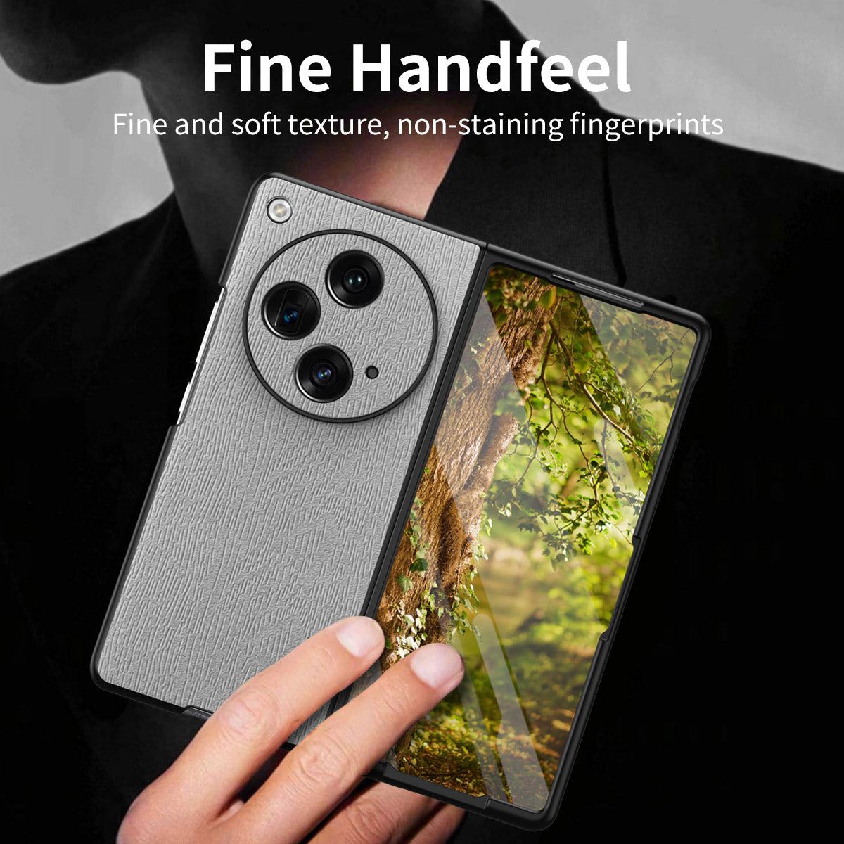 For Oppo Find N3 5G Case Wood Grain PU Leather+PC Folding Phone Cover - Grey