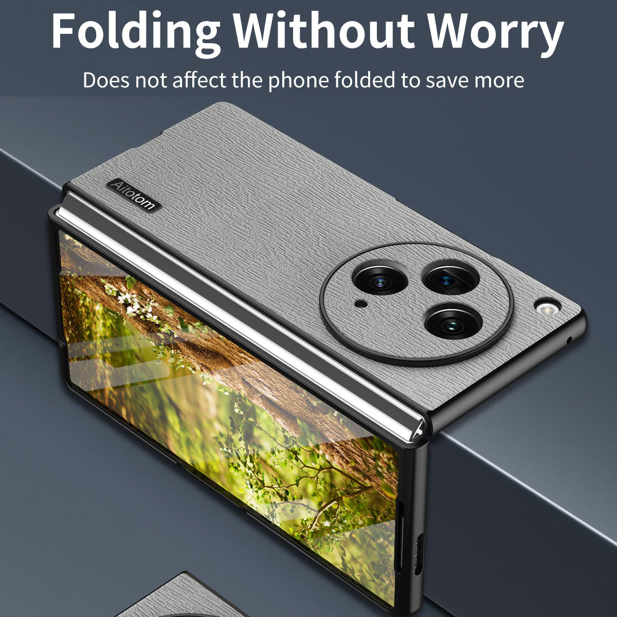 For Oppo Find N3 5G Case Wood Grain PU Leather+PC Folding Phone Cover - Grey