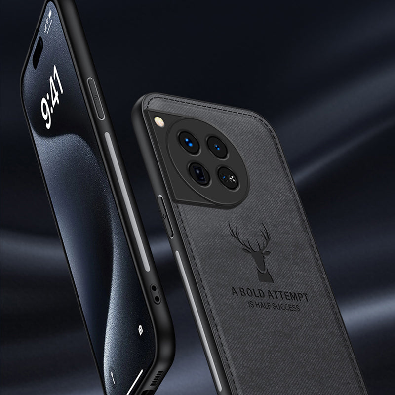 For OnePlus 12 5G Deer Pattern Case Cloth Texture TPU+PC+PU Leather Phone Cover - Black