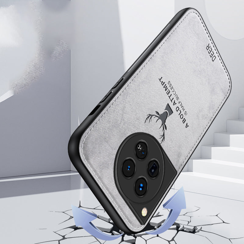 For OnePlus 12 5G Deer Pattern Case Cloth Texture TPU+PC+PU Leather Phone Cover - Black