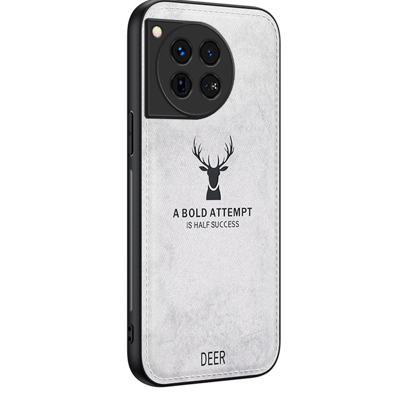 For OnePlus 12 5G Deer Pattern Case Cloth Texture TPU+PC+PU Leather Phone Cover - Black
