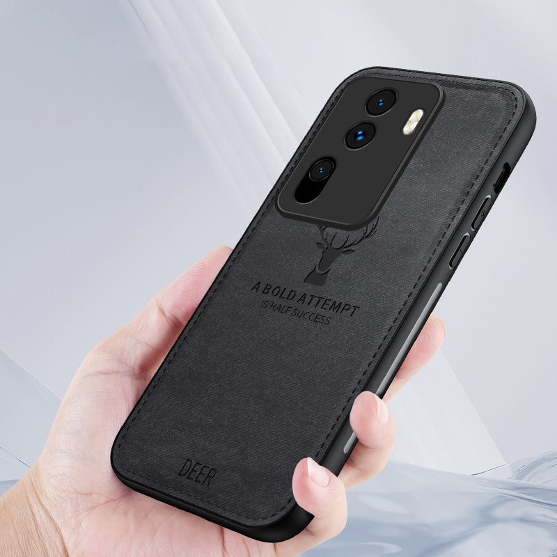 For Oppo Reno11 (China) 5G / Reno11 Pro 5G (Global) Deer Pattern Case Cloth Texture Cushion Phone Cover Camera Protection - Black
