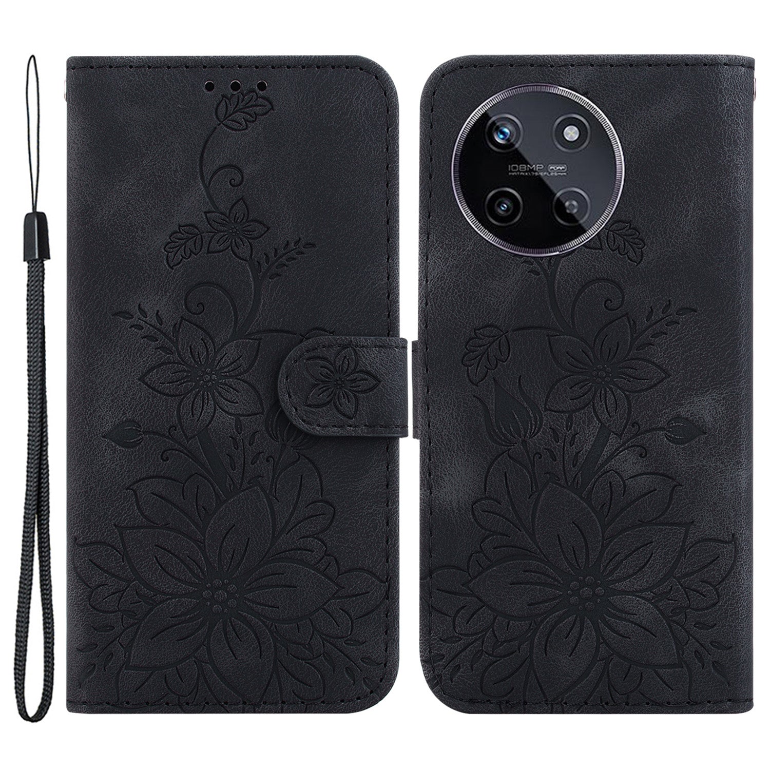 For Realme 11 4G (159.9x73.3x7.95mm) Wallet Leather Phone Case Flower Pattern - Black