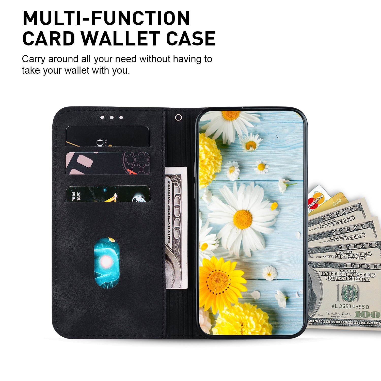 For Realme 11 4G (159.9x73.3x7.95mm) Wallet Leather Phone Case Flower Pattern - Black